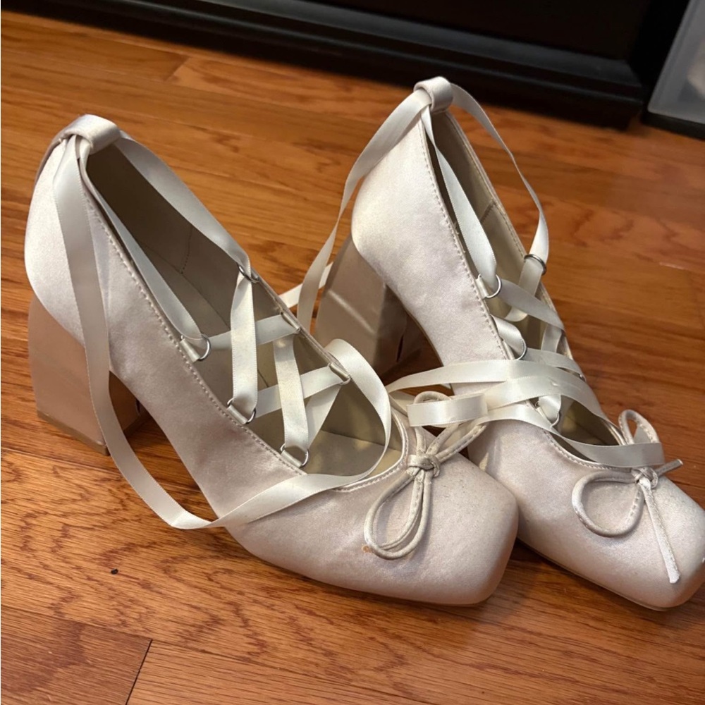 Cream off white satin Mary Jane ballet heels lace up ribbon